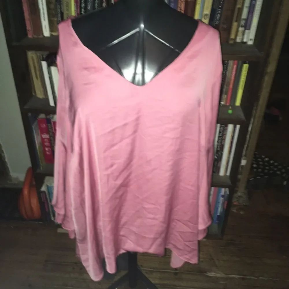 Lane Bryant silky pink v-neck flowy bell sleeve blouse